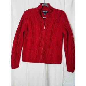 Lands End Red Cable Knit Full Zip Cotton Cardigan Sweater Womens Small 6-8